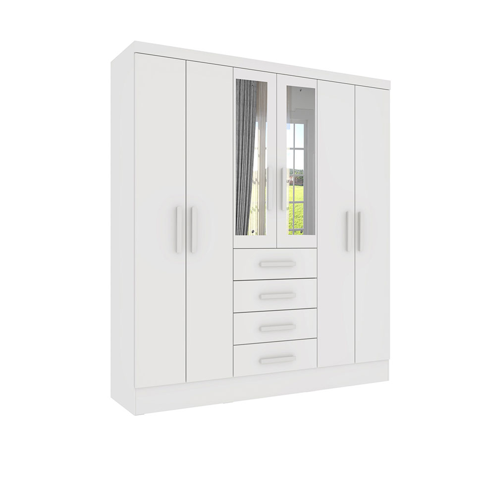 Guarda-Roupa Casal com Espelho Arizona 6 Portas 4 Gavetas Neve