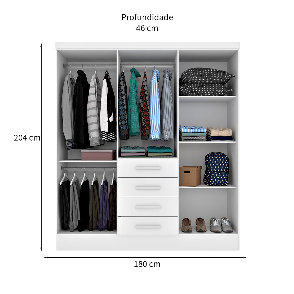 Guarda-Roupa Casal com Espelho Arizona 6 Portas 4 Gavetas Neve
