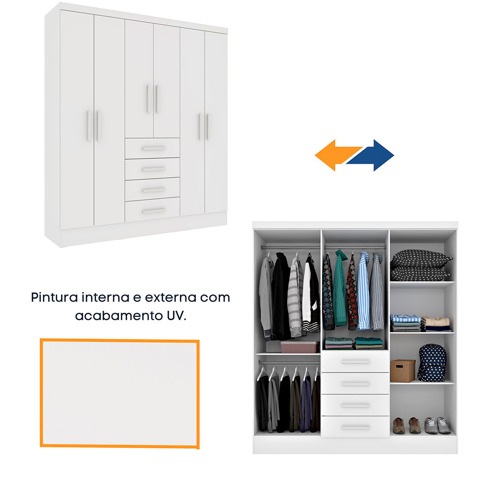 Guarda-Roupa Casal com Espelho Arizona 6 Portas 4 Gavetas Neve