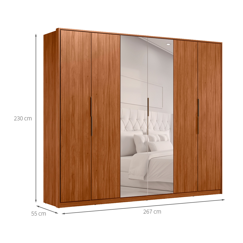 Guarda-Roupa Casal com Espelho Atrice 6 Portas 6 Gavetas Nogueira