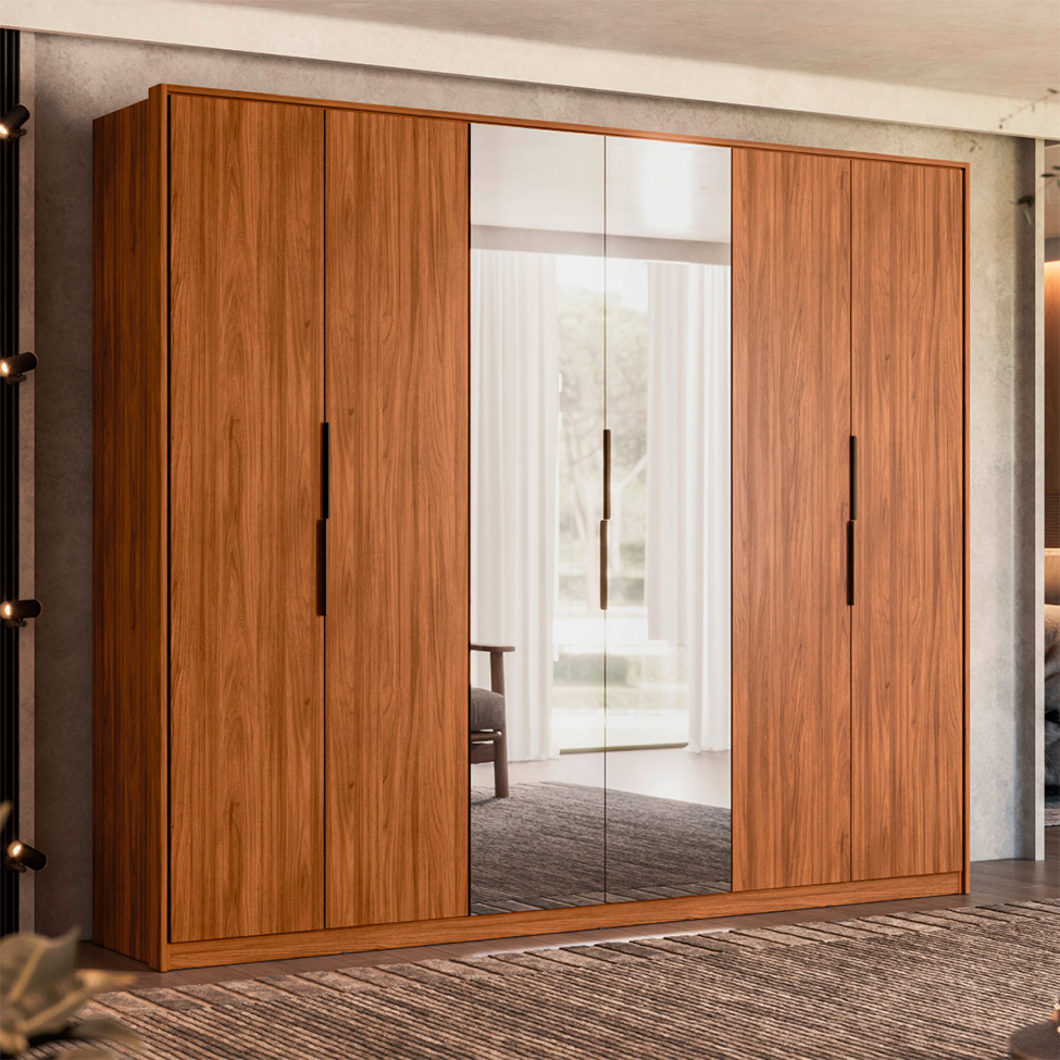 Guarda-Roupa Casal com Espelho Atrice 6 Portas 6 Gavetas Nogueira