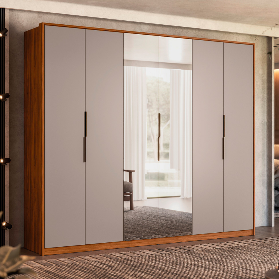 Guarda-Roupa Casal com Espelho Atrice 6 Portas 6 Gavetas Nogueira e Nude