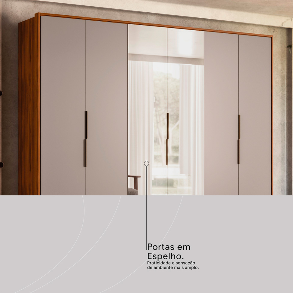 Guarda-Roupa Casal com Espelho Atrice 6 Portas 6 Gavetas Nogueira e Nude