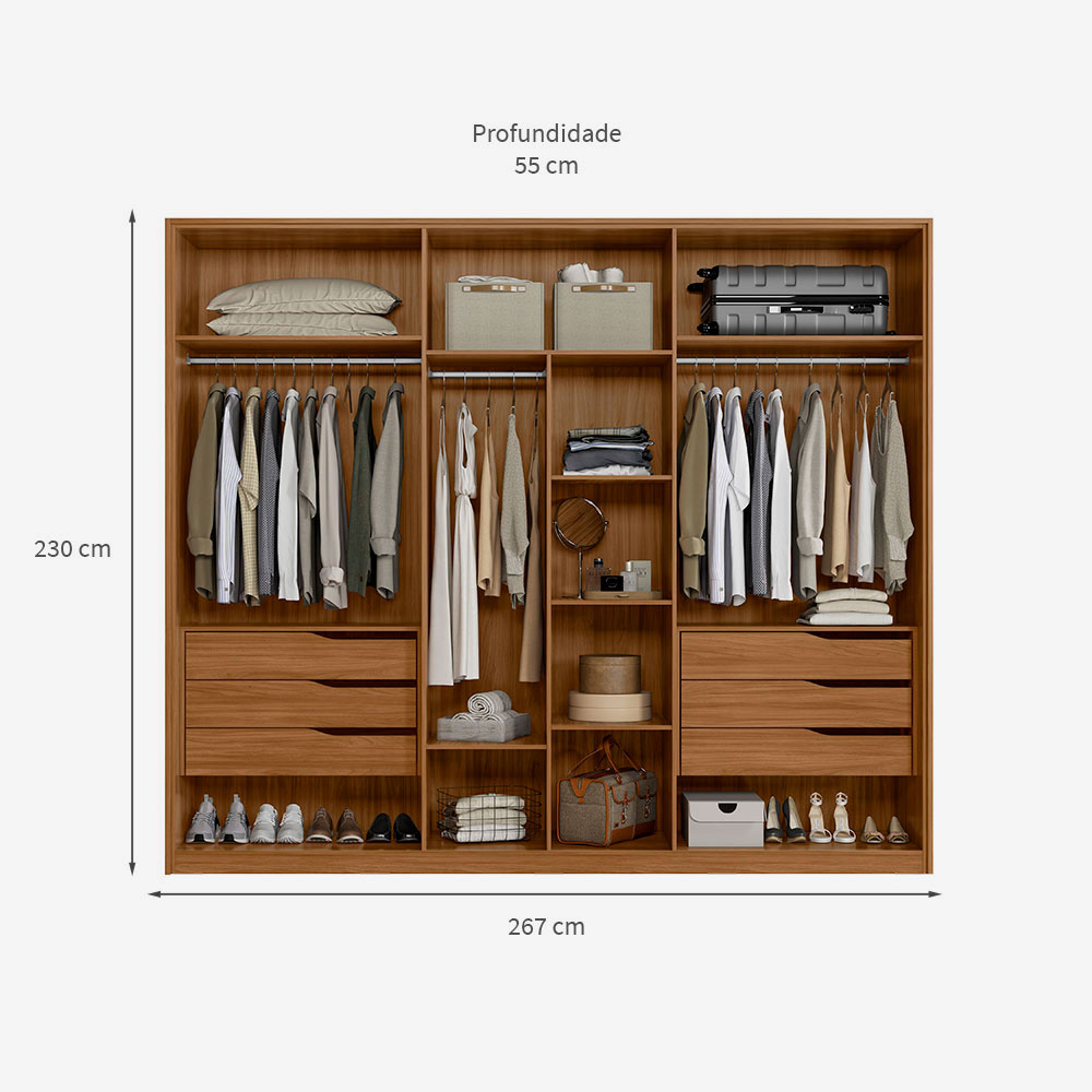 Guarda-Roupa Casal com Espelho Atrice com Detalhe Ripado 6 Portas 6 Gavetas Nogueira