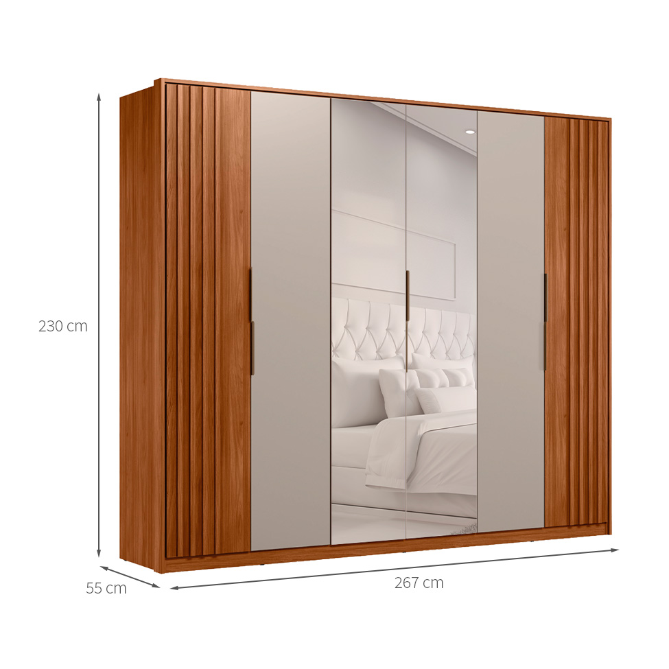 Guarda-Roupa Casal com Espelho Atrice com Detalhe Ripado 6 Portas 6 Gavetas Nogueira