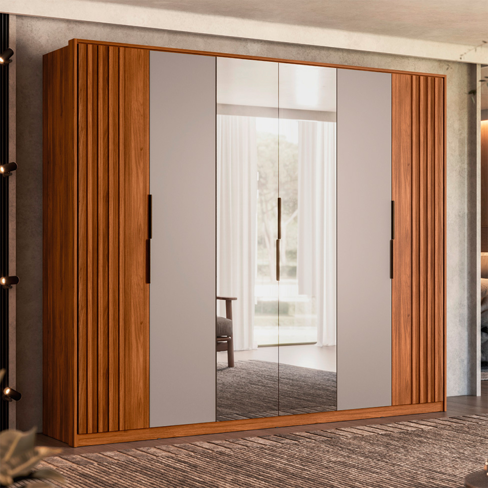 Guarda-Roupa Casal com Espelho Atrice com Detalhe Ripado 6 Portas 6 Gavetas Nogueira