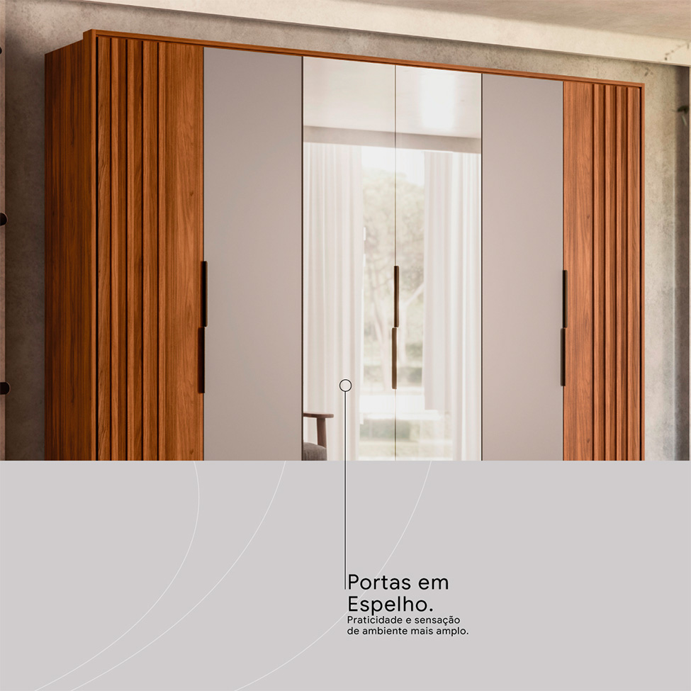 Guarda-Roupa Casal com Espelho Atrice com Detalhe Ripado 6 Portas 6 Gavetas Nogueira