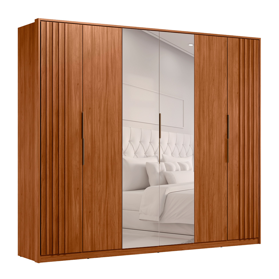 Guarda-Roupa Casal com Espelho Atrice com Detalhe Ripado 6 Portas 6 Gavetas Nogueira e Nude