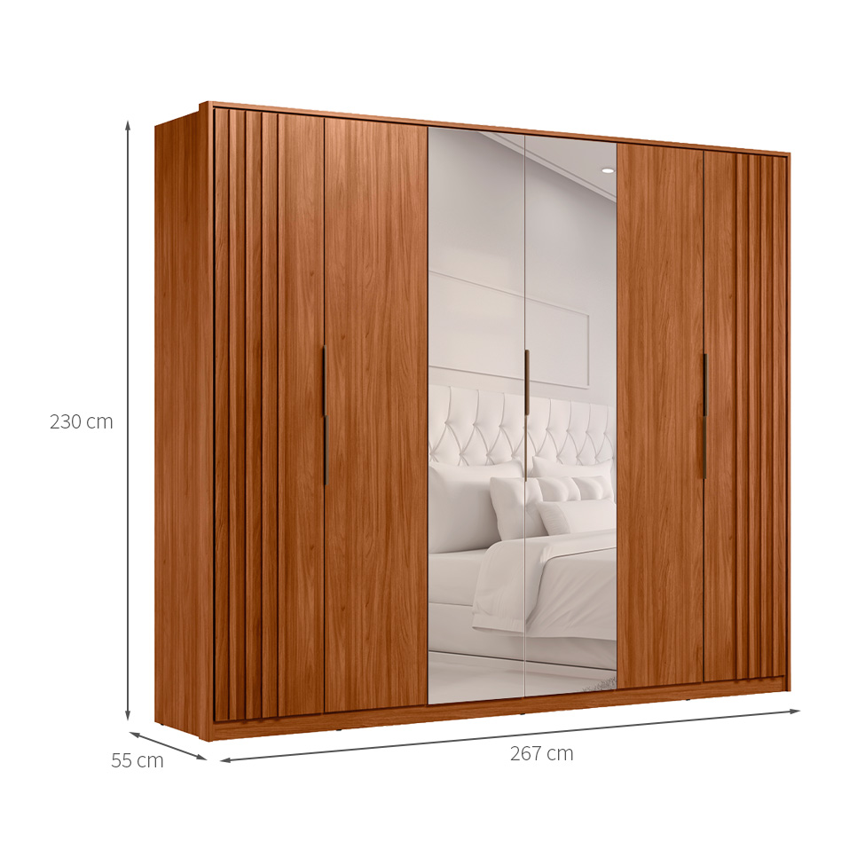 Guarda-Roupa Casal com Espelho Atrice com Detalhe Ripado 6 Portas 6 Gavetas Nogueira e Nude