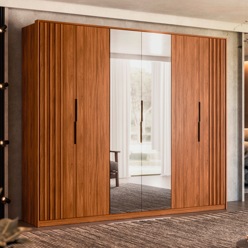 Guarda-Roupa Casal com Espelho Atrice com Detalhe Ripado 6 Portas 6 Gavetas Nogueira e Nude