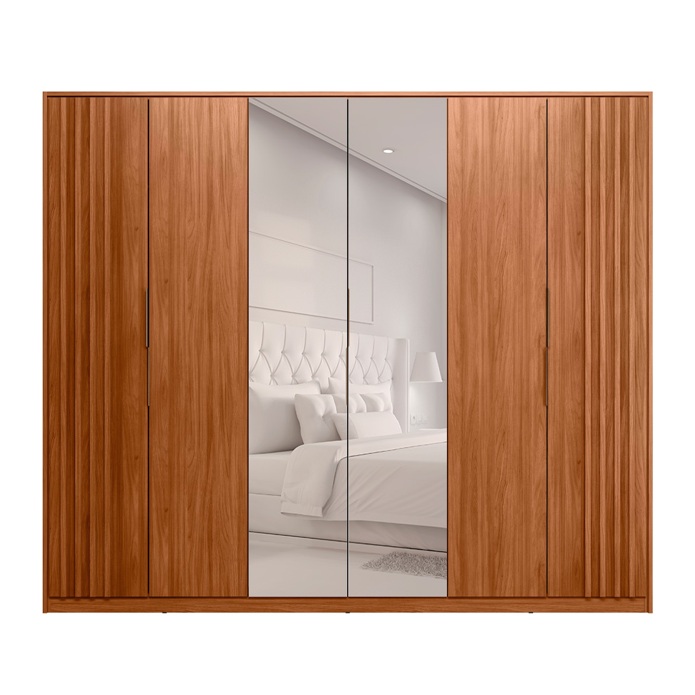 Guarda-Roupa Casal com Espelho Atrice com Detalhe Ripado 6 Portas 6 Gavetas Nogueira e Nude