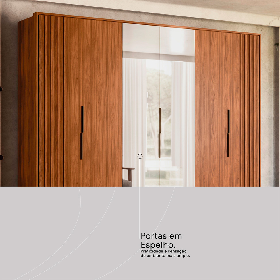 Guarda-Roupa Casal com Espelho Atrice com Detalhe Ripado 6 Portas 6 Gavetas Nogueira e Nude