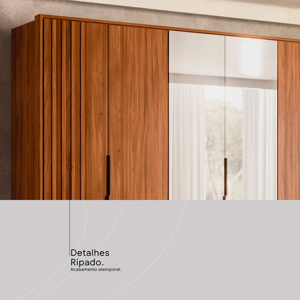 Guarda-Roupa Casal com Espelho Atrice com Detalhe Ripado 6 Portas 6 Gavetas Nogueira e Nude