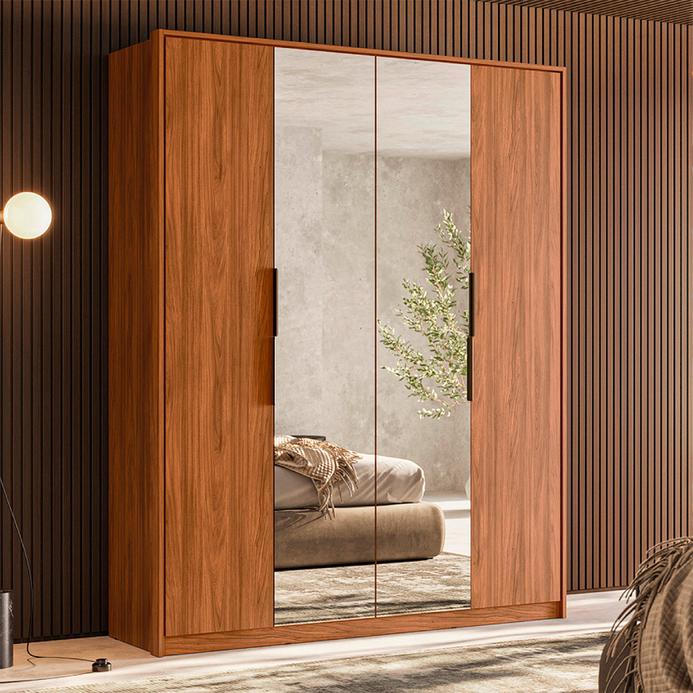 Guarda-Roupa Casal com Espelho Attore 4 Portas 3 Gavetas Nogueira