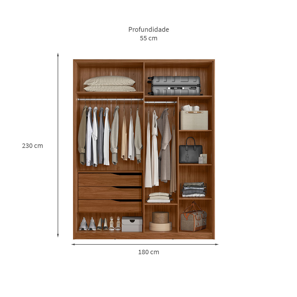 Guarda-Roupa Casal com Espelho Attore 4 Portas 3 Gavetas Nogueira