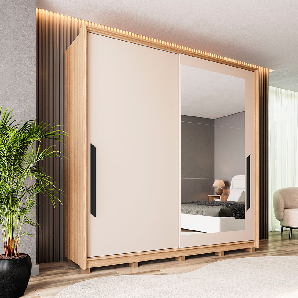 Guarda-Roupa Casal com Espelho Barcelona 2 Portas 4 Gavetas Carvalho e Off White