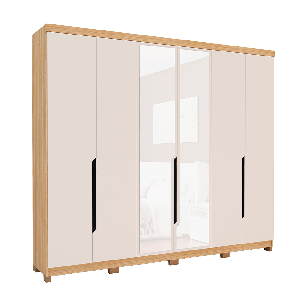 Guarda-Roupa Casal com Espelho Barcelona 6 Portas 4 Gavetas Carvalho e Off White