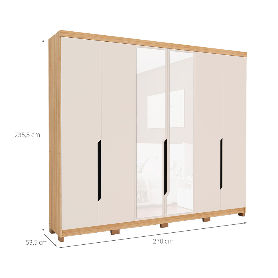 Guarda-Roupa Casal com Espelho Barcelona 6 Portas 4 Gavetas Carvalho e Off White