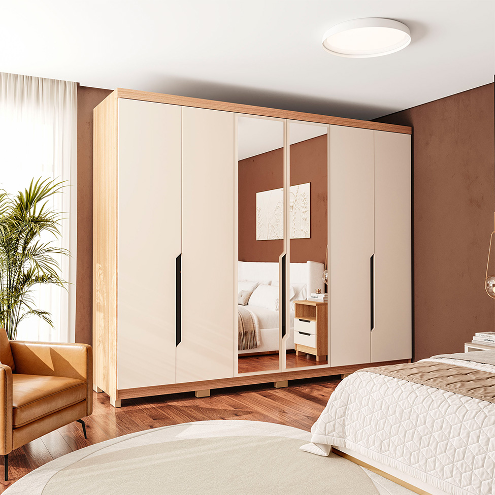 Guarda-Roupa Casal com Espelho Barcelona 6 Portas 4 Gavetas Carvalho e Off White