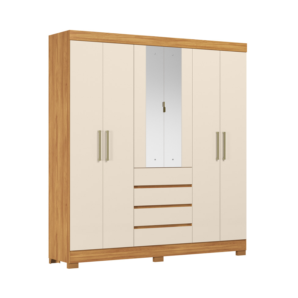 Guarda-Roupa Casal com Espelho Ópera 6 Portas 4 Gavetas Cinamomo e Off White