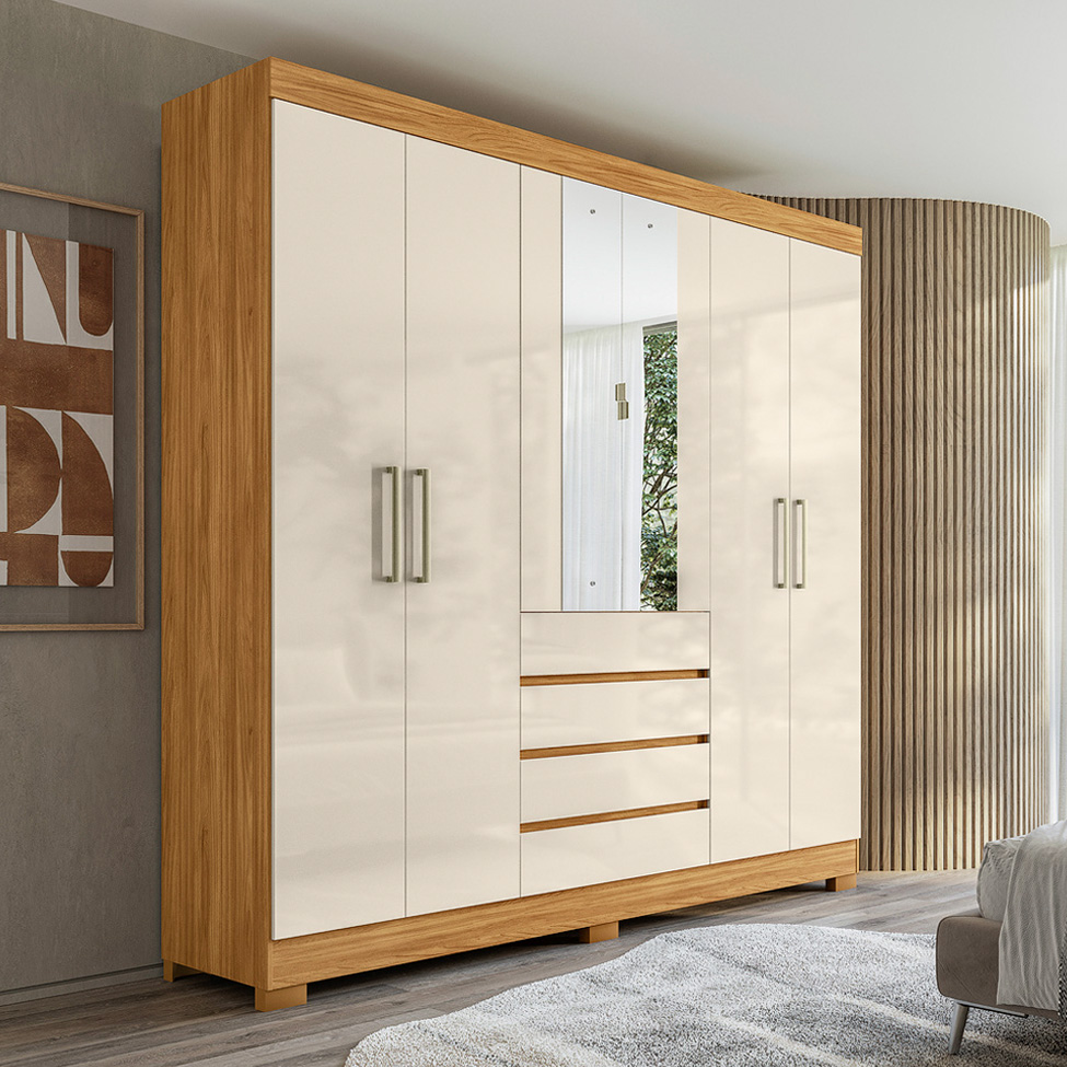 Guarda-Roupa Casal com Espelho Ópera 6 Portas 4 Gavetas Cinamomo e Off White