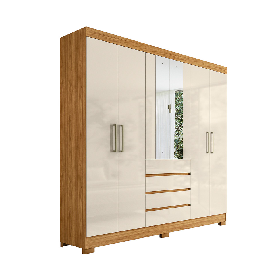 Guarda-Roupa Casal com Espelho Ópera 6 Portas 4 Gavetas Cinamomo e Off White