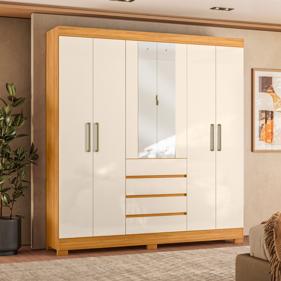 Guarda-Roupa Casal com Espelho Ópera 6 Portas 4 Gavetas Cinamomo e Off White