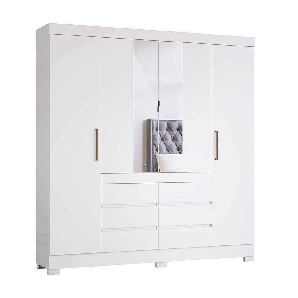 Guarda-Roupa Casal com Espelho Cadis 4 Portas 6 Gavetas Branco
