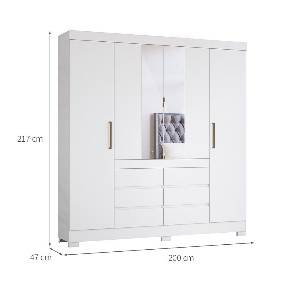 Guarda-Roupa Casal com Espelho Cadis 4 Portas 6 Gavetas Branco