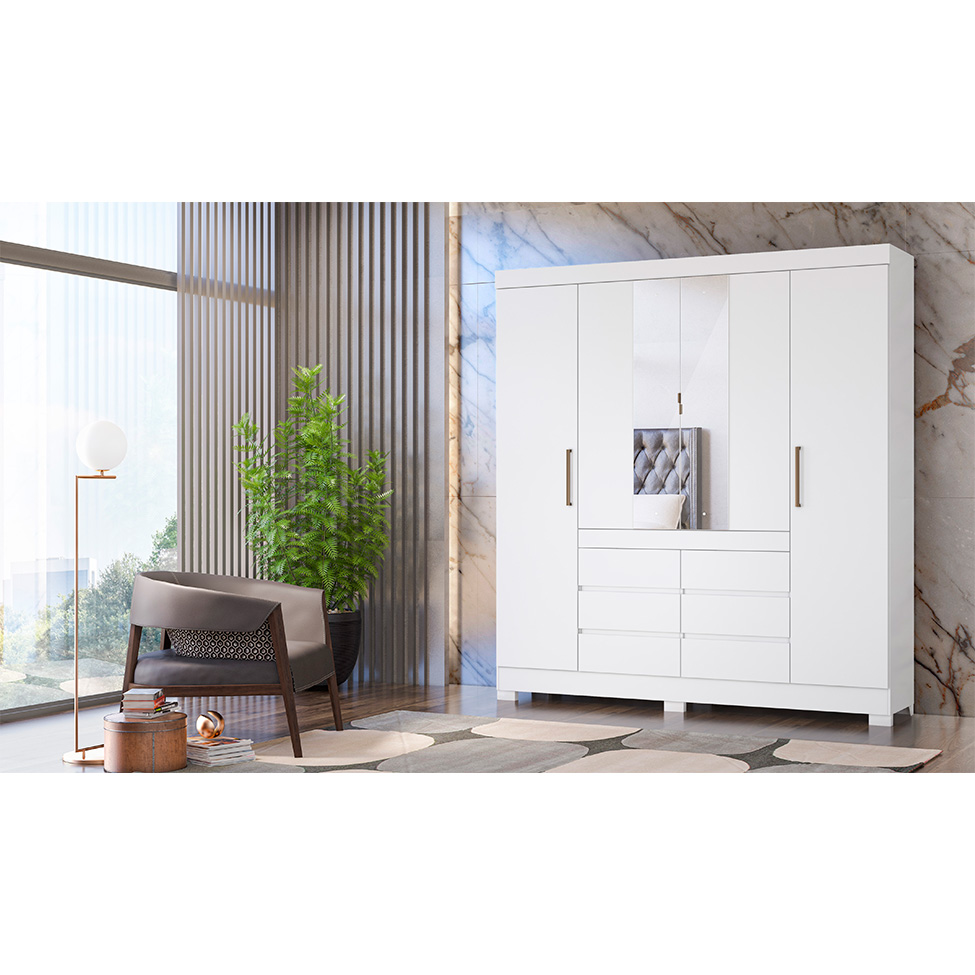 Guarda-Roupa Casal com Espelho Cadis 4 Portas 6 Gavetas Branco