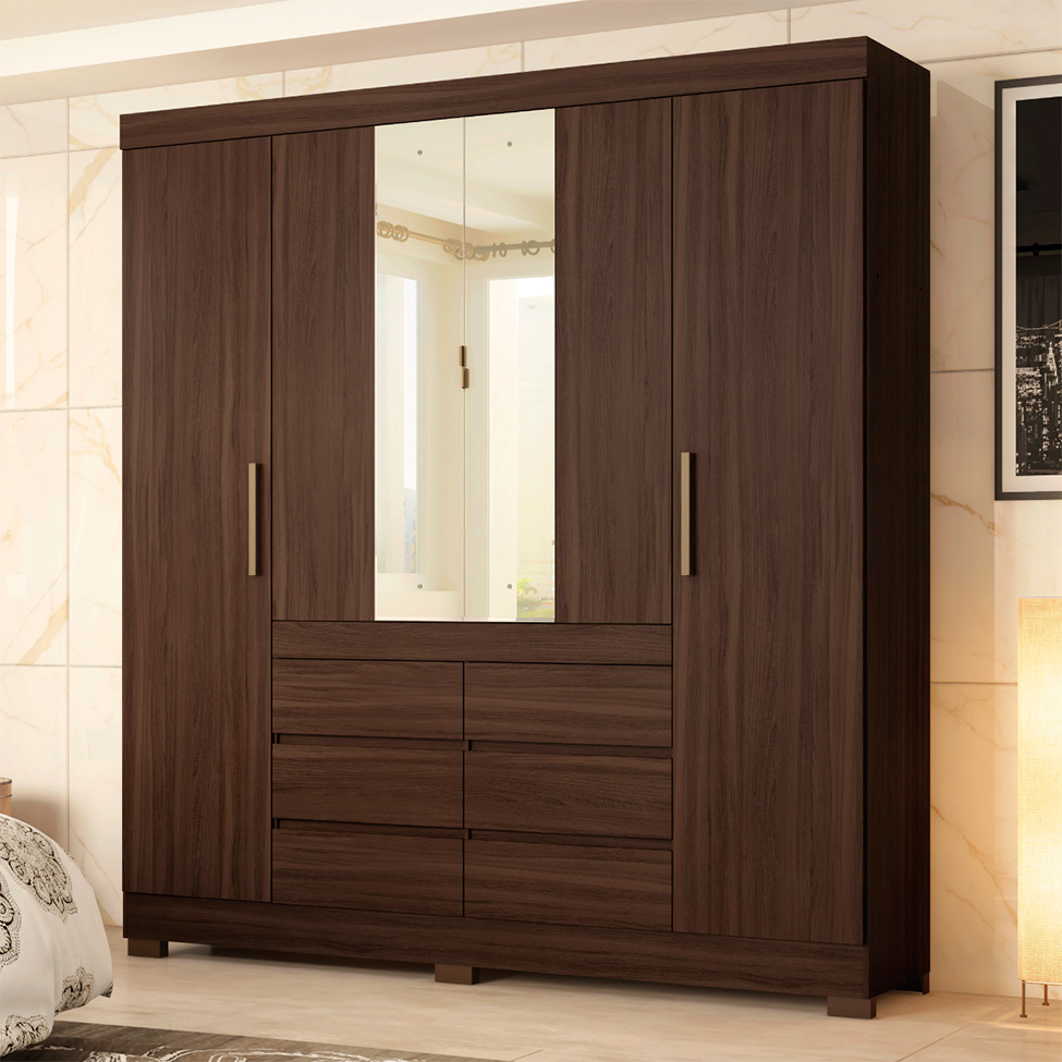 Guarda-Roupa Casal com Espelho Cadis 4 Portas 6 Gavetas Café