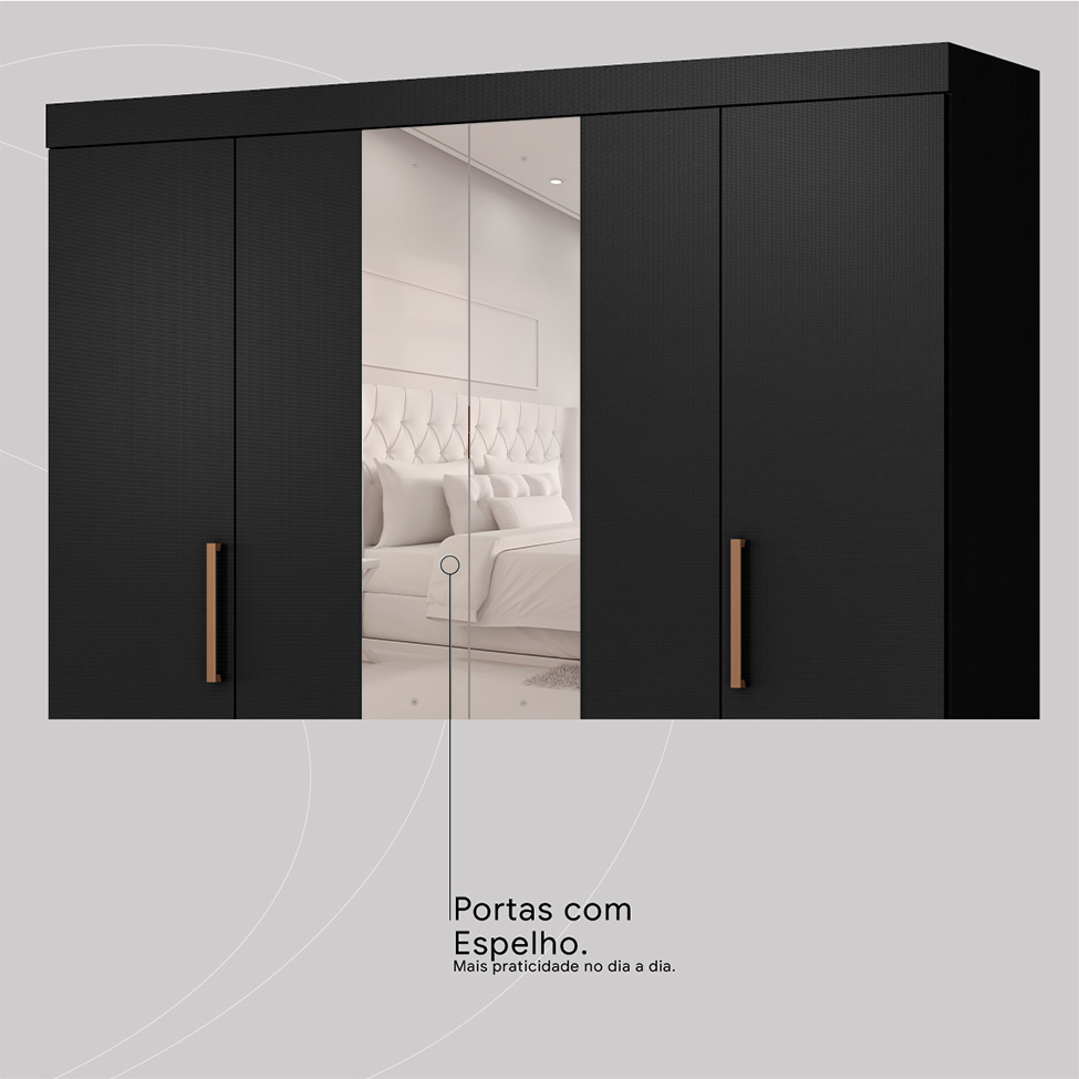 Guarda-Roupa Casal com Espelho Cadis 6 Portas 6 Gavetas Preto Prime e Amêndola