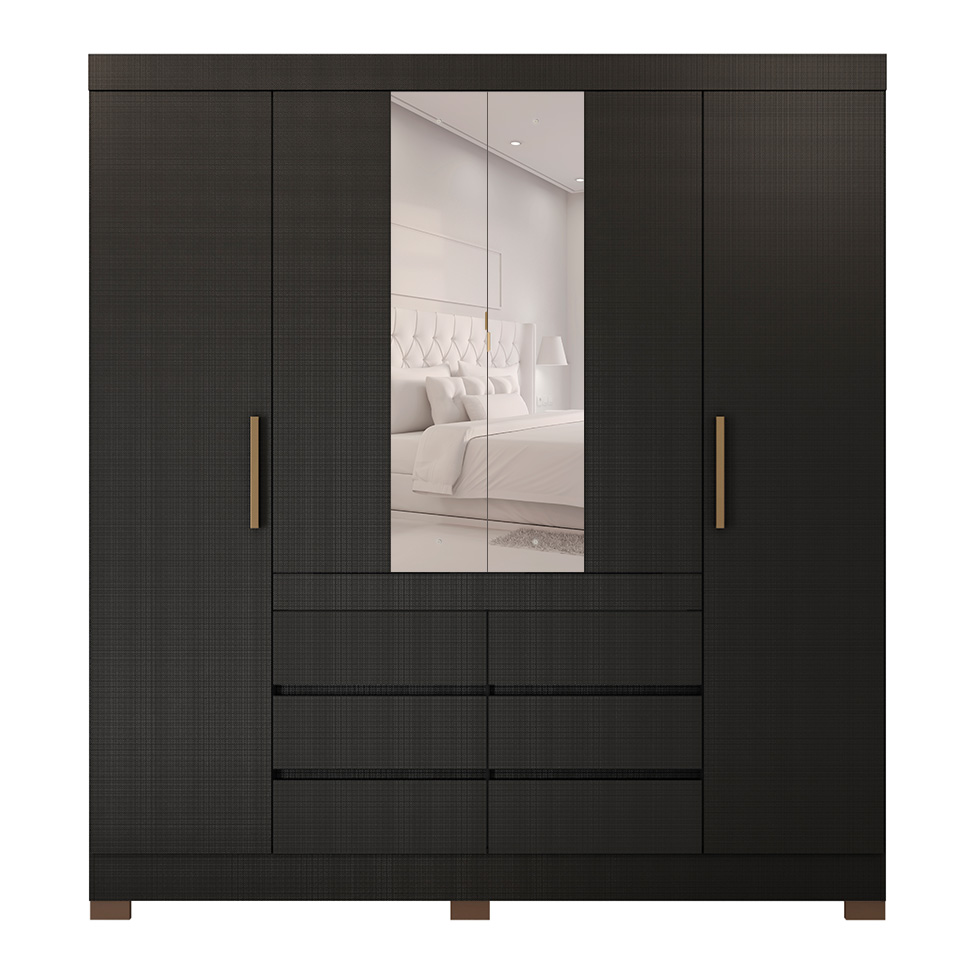 Guarda-Roupa Casal com Espelho Cadis 6 Portas 6 Gavetas Preto Prime e Amêndola