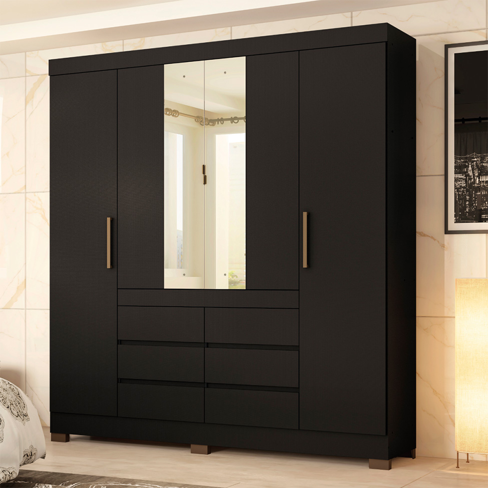 Guarda-Roupa Casal com Espelho Cadis 6 Portas 6 Gavetas Preto Prime e Amêndola