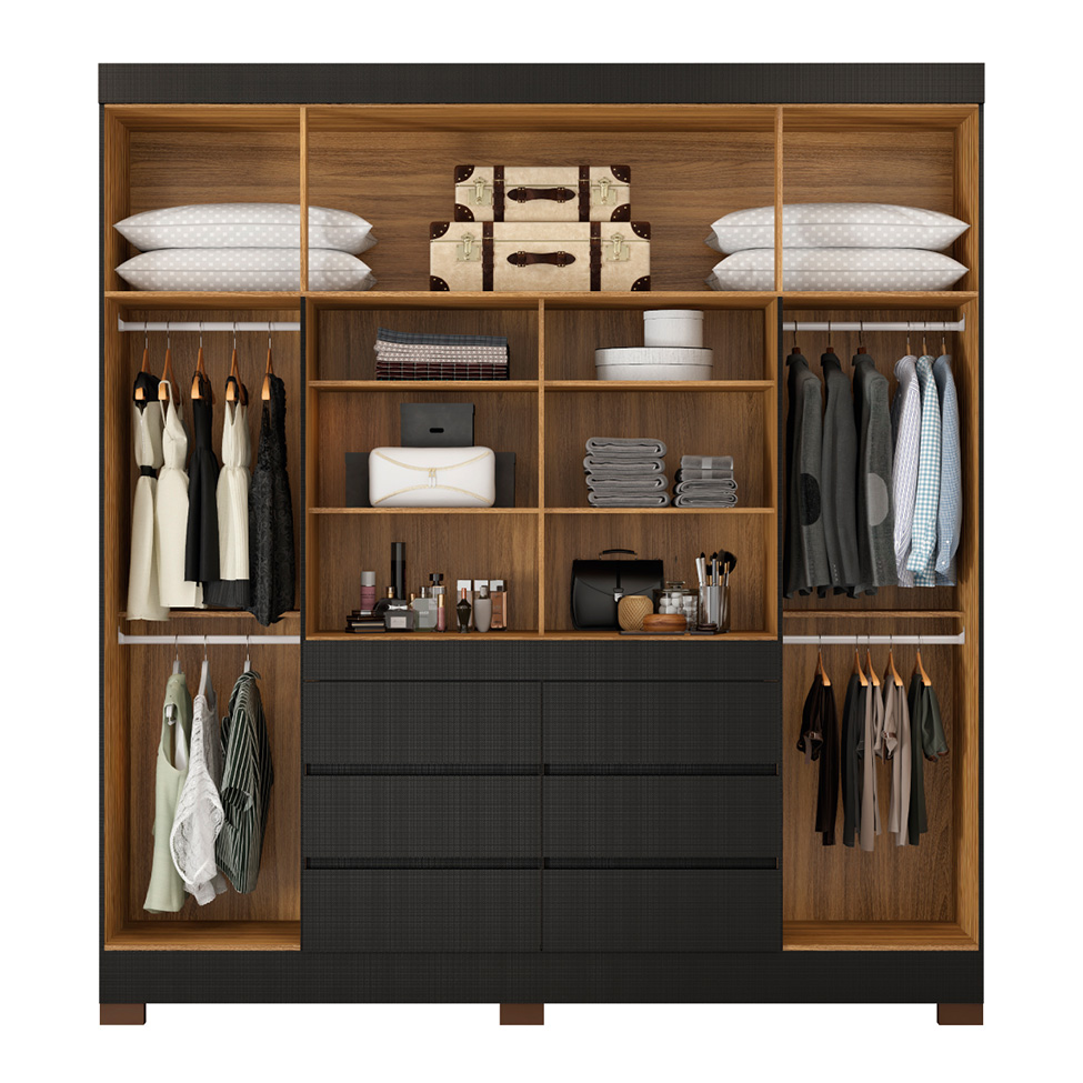 Guarda-Roupa Casal com Espelho Cadis 6 Portas 6 Gavetas Preto Prime e Amêndola
