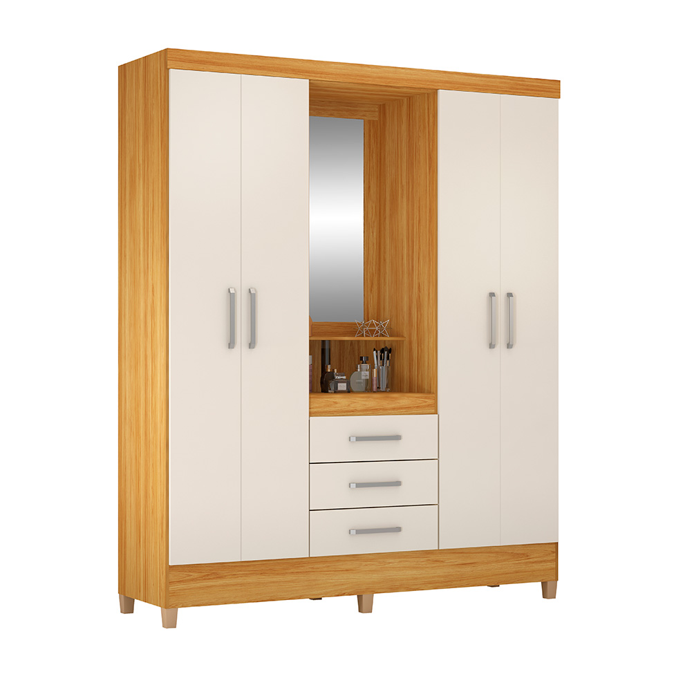 Guarda-Roupa Casal com Espelho Capelinha Pérsia 4 Portas 3 Gavetas Cinamon e Off White