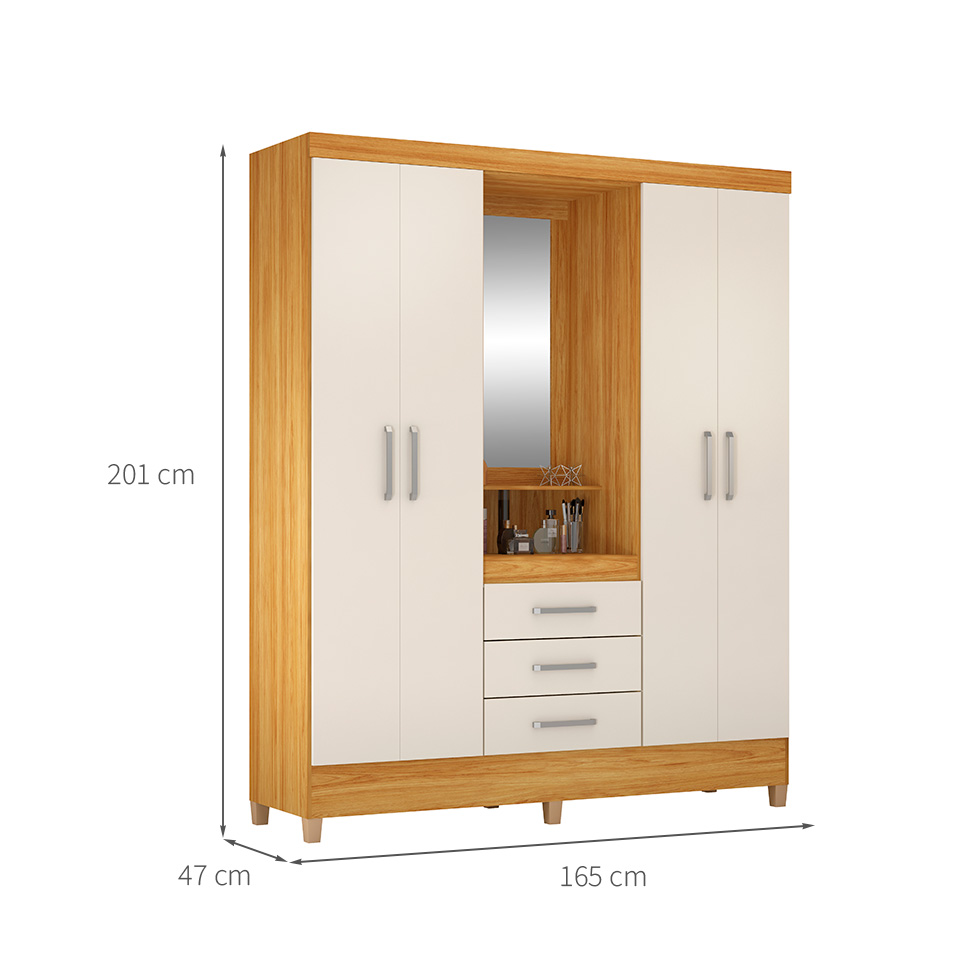 Guarda-Roupa Casal com Espelho Capelinha Pérsia 4 Portas 3 Gavetas Cinamon e Off White