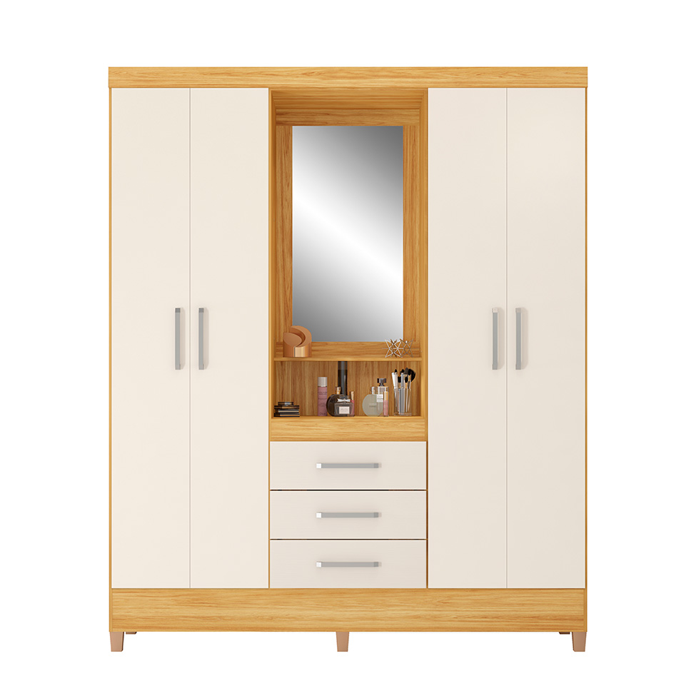 Guarda-Roupa Casal com Espelho Capelinha Pérsia 4 Portas 3 Gavetas Cinamon e Off White