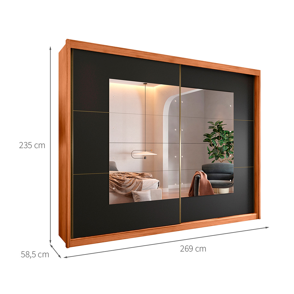 Guarda-Roupa Casal com Espelho Carmen Flex 2 Portas 6 Gavetas Freijó e Preto