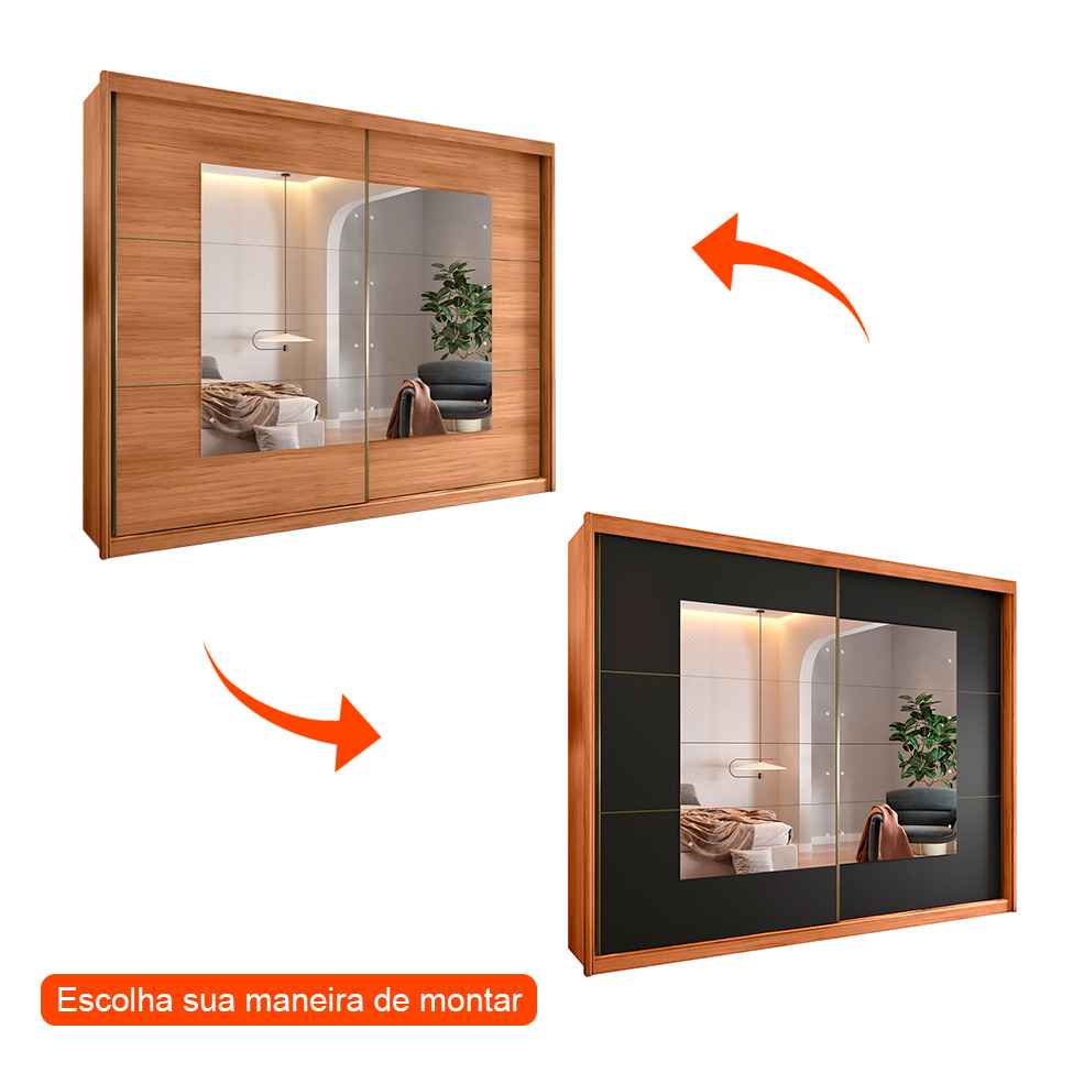 Guarda-Roupa Casal com Espelho Carmen Flex 2 Portas 6 Gavetas Freijó e Preto