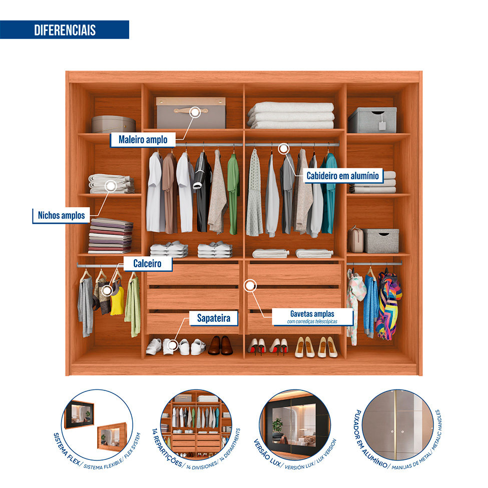 Guarda-Roupa Casal com Espelho Carmen Flex 2 Portas 6 Gavetas Freijó e Preto