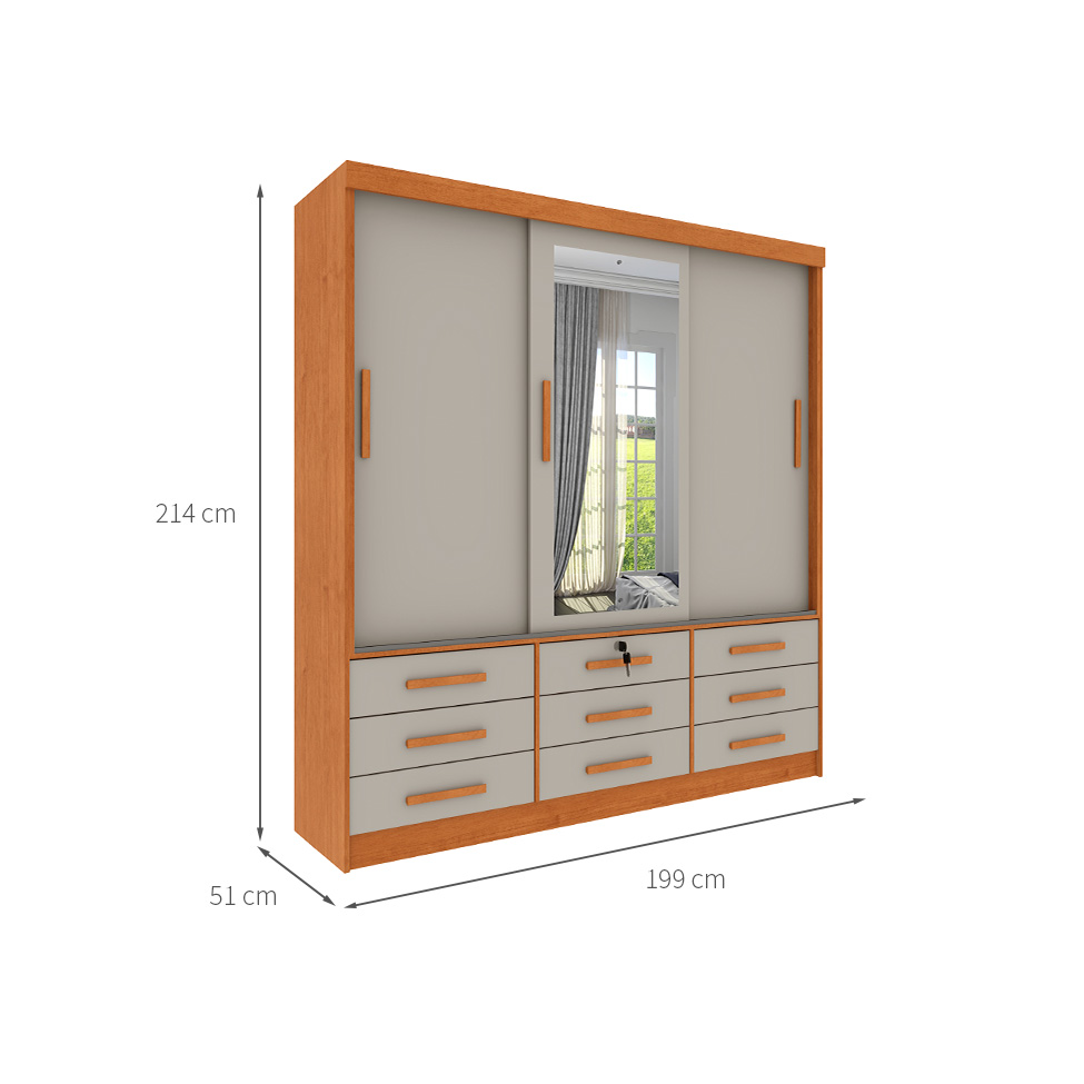 Guarda-Roupa Casal com Espelho Chicago 3 Portas 9 Gavetas Cinamomo e Off White
