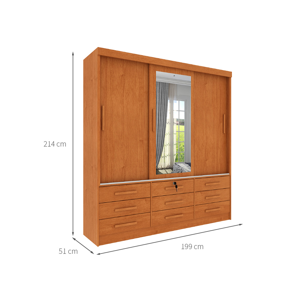 Guarda-Roupa Casal com Espelho Chicago I 3 Portas 9 Gavetas Cinamomo