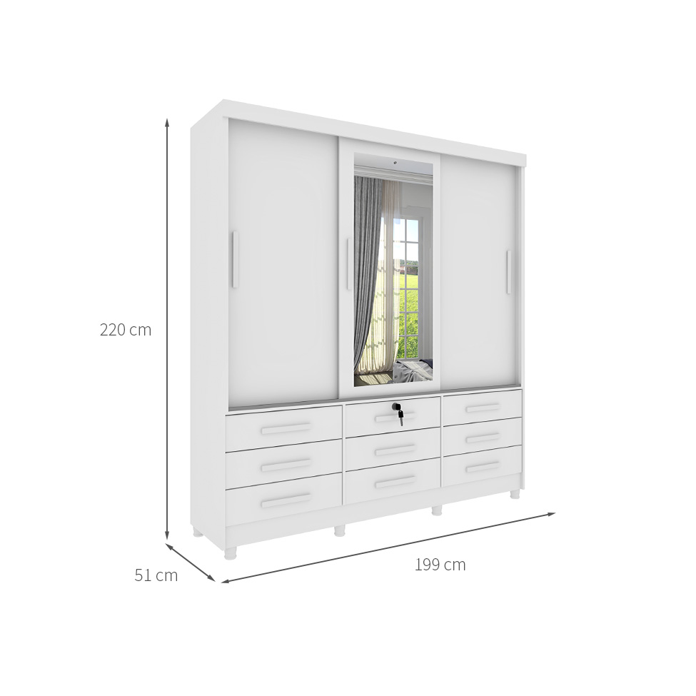 Guarda-Roupa Casal com Espelho Chicago I 3 Portas 9 Gavetas Neve