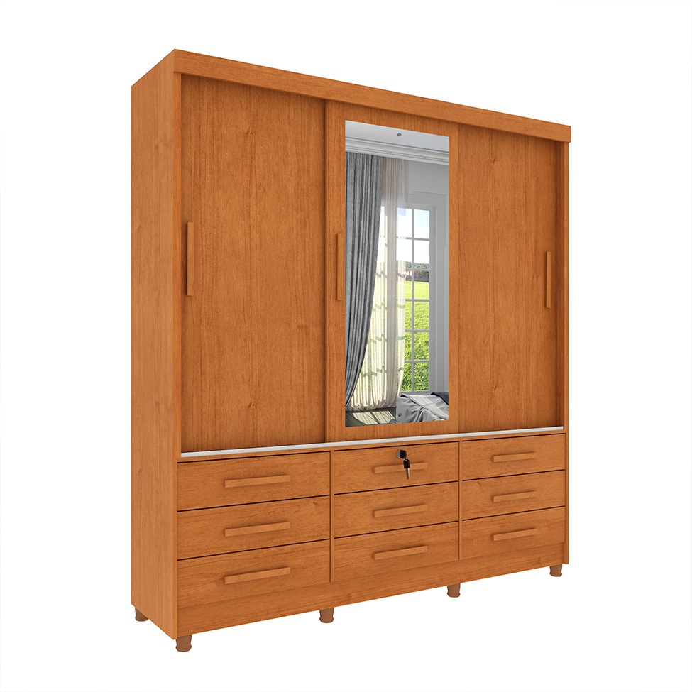Guarda-Roupa Casal com Espelho Chicago II 3 Portas 9 Gavetas Cinamomo