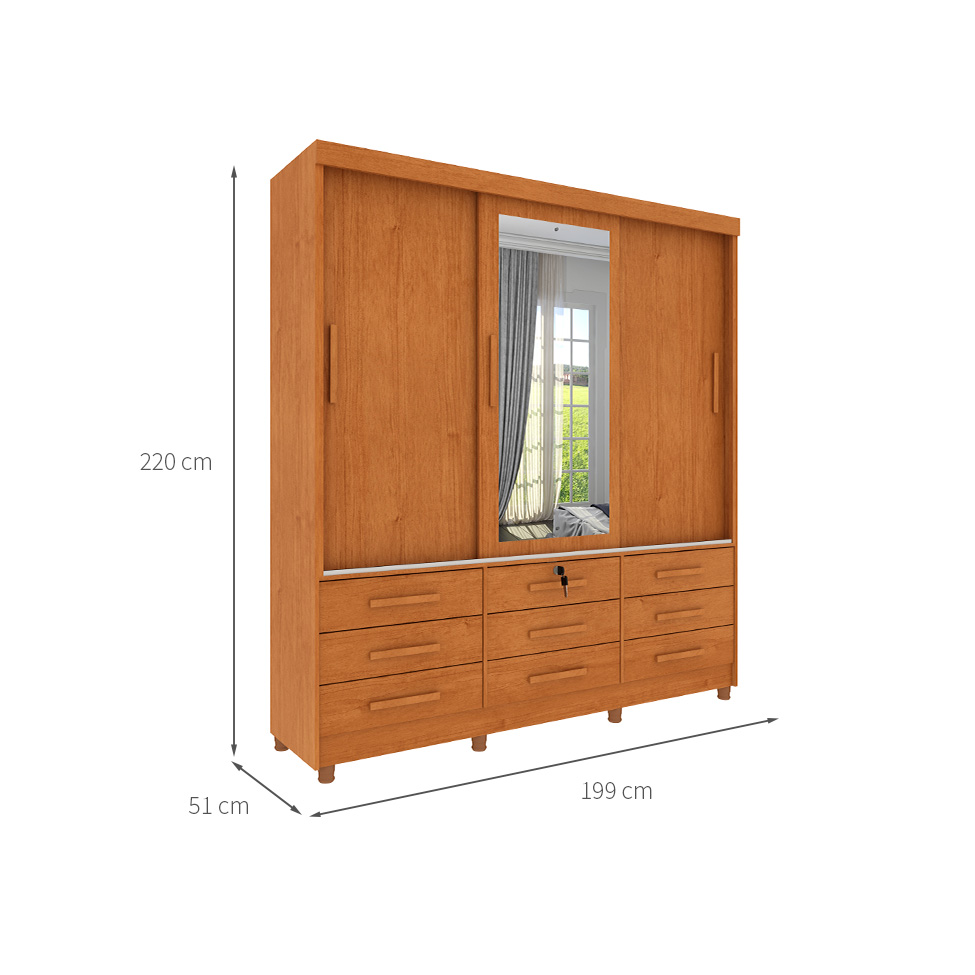 Guarda-Roupa Casal com Espelho Chicago II 3 Portas 9 Gavetas Cinamomo