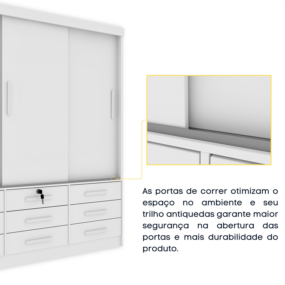 Guarda-Roupa Casal com Espelho Chicago II 3 Portas 9 Gavetas Neve