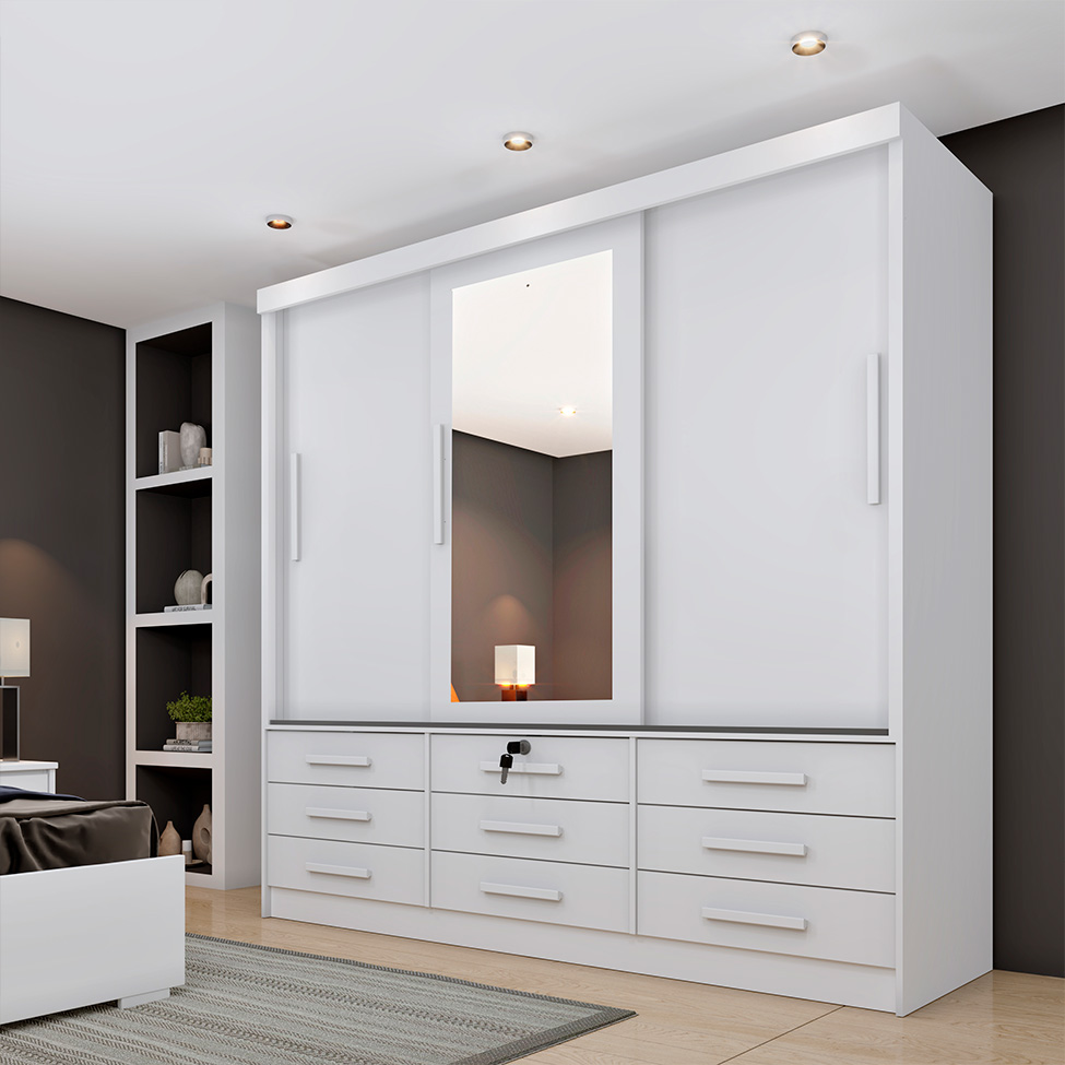 Guarda-Roupa Casal com Espelho Chicago II 3 Portas 9 Gavetas Neve