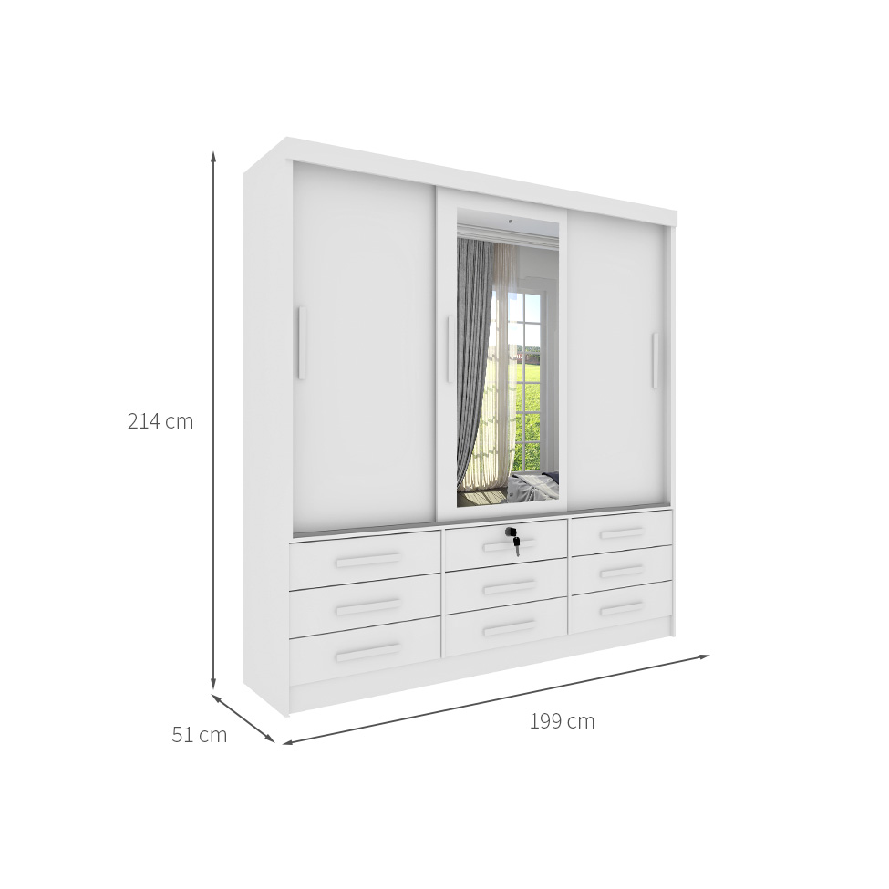 Guarda-Roupa Casal com Espelho Chicago II 3 Portas 9 Gavetas Neve