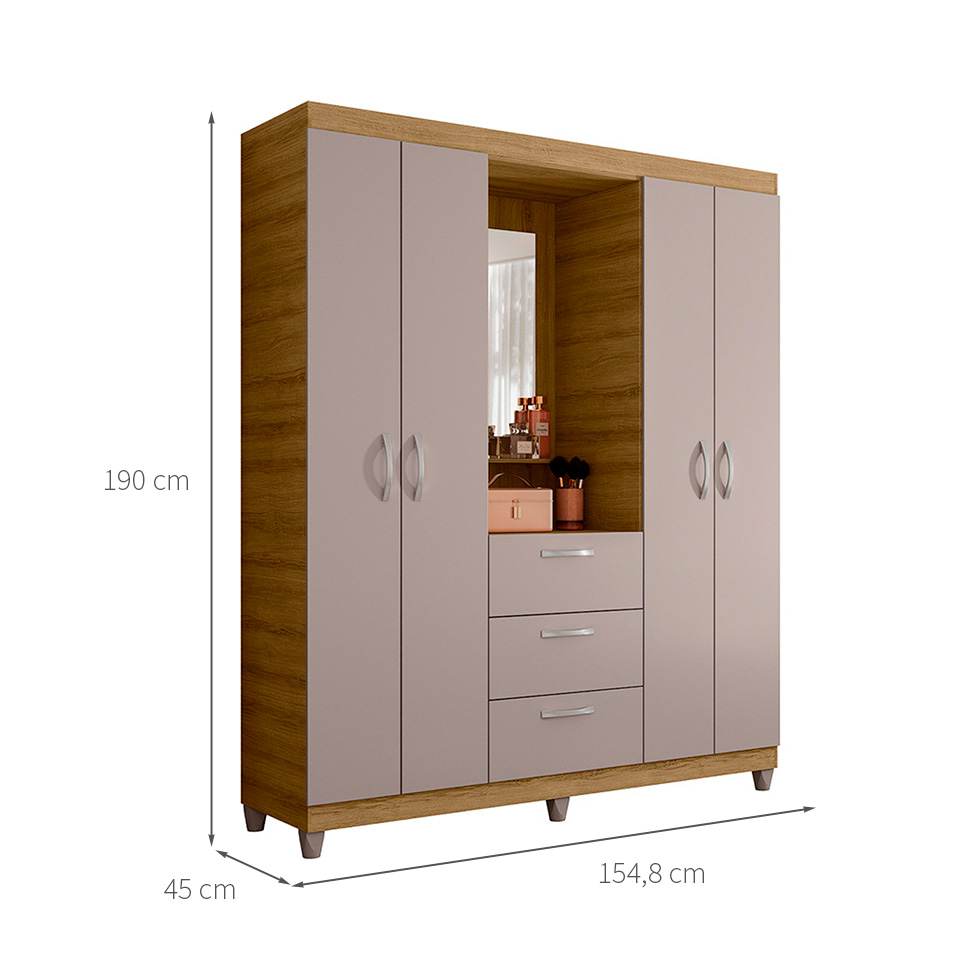 Guarda-Roupa Casal com Espelho ClaPortason 4 Portas 3 Gavetas Mel e Cacau
